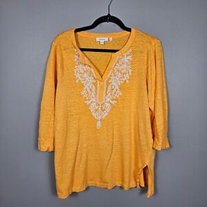 Chico's Women XL Linen Tunic Top Floral Embroidered Sequin 3/4 Sleeve Orange